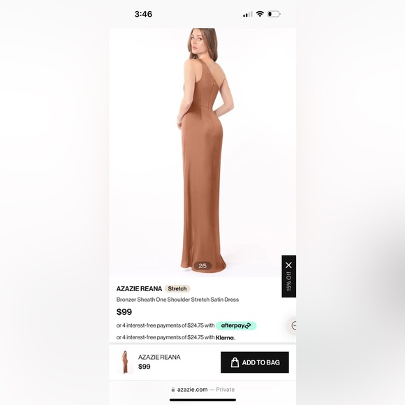 Azazie One Shoulder Keyhole Stretch Satin Column Dress 
Color: Bronzer
Size: A8 - Picture 3 of 3